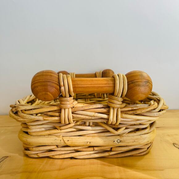 Vintage Woven Wicker Basket w/ Handles Wood Slats Bottom Decor Fruit Centerpiece - Picture 9 of 15